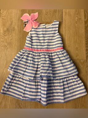 Sweet Heart Rose Girl's Size 4T  Blue Striped Tiered Dress with Pink Accent